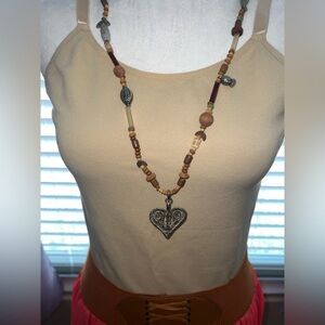 Mixed Wood Plastic Bead Silver Plated Heart Pendant Long Boho Necklace